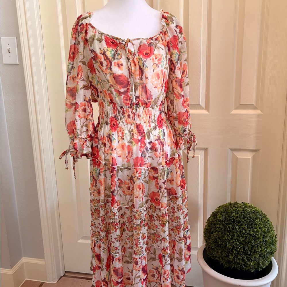 Anthropologie - Fig and Flower Floral Long Sleeve Dress - Red and Green - Picture 2 of 3